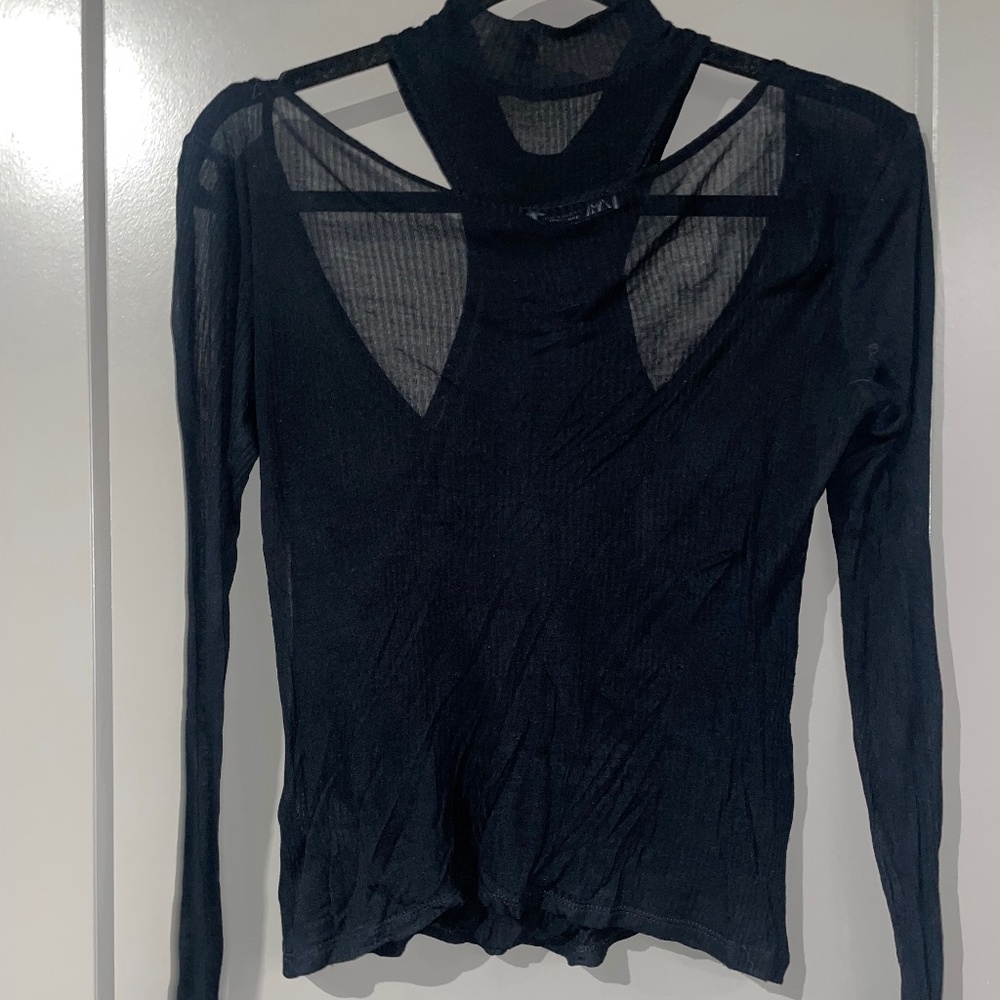 ZARA BLACK SHEER RIBBED KNIT LONG SLEEVE SHIRT
